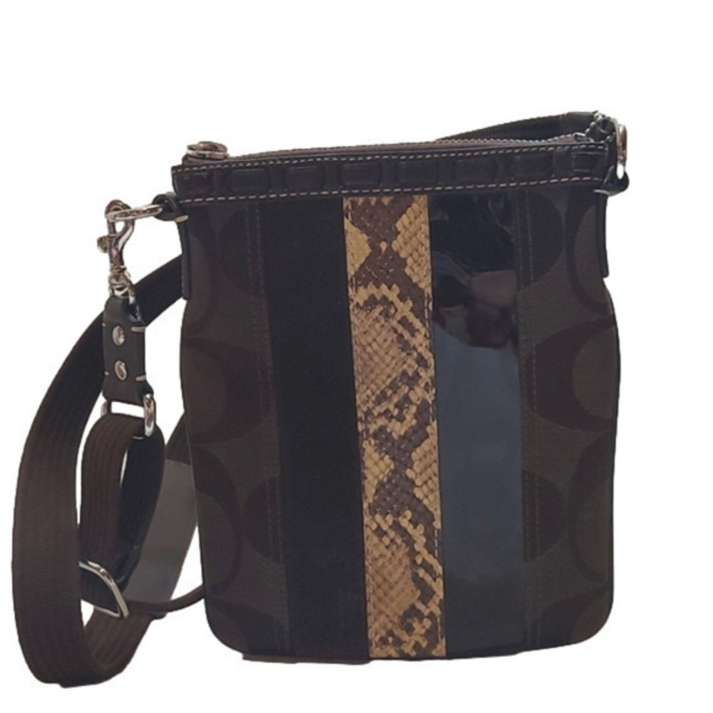 489. COACH Brown Jacquard Side Bag w/ Suede, Snakeskin and Patent Leather trim